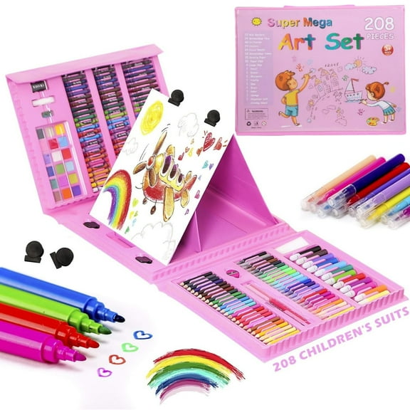 Art Supplies 208-Piece Drawing Art Kit, Art Set Crafts Case with Double Sided Trifold Easel with Oil Pastels, Crayons, Colored Pencils, Gift for Kids Teens Girls Boys Artist (Pink)