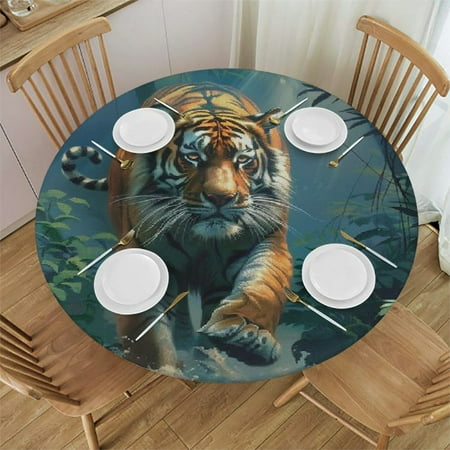 

BCIIG Tiger Forest Stream Round Table Cover Stain Resistant Washable Indoor Outdoor Tablecloth Kitchen Dining Wedding Parties Picnic Farmhouse 100% Polyester Fiber 46-50