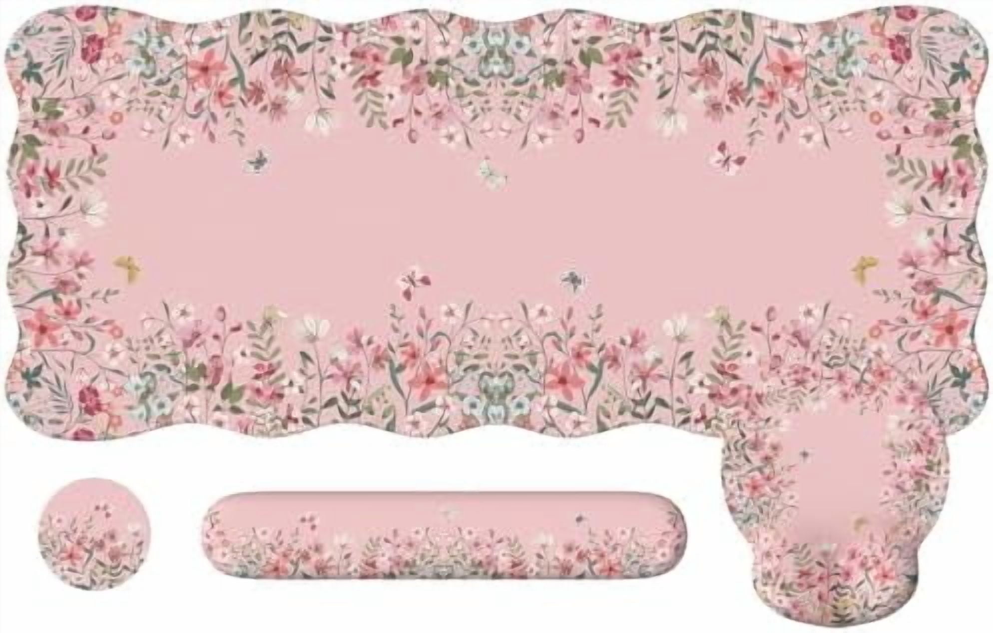 Tekola Desk Mat Set,Large Mouse Pad with Wrist Rest,Ergonomic Keyboard Wrist Support for Women,Girly Floral Computer Mat with Scalloped Edges,Non-Slip Desk Pad Home Office Gaming (Pink)