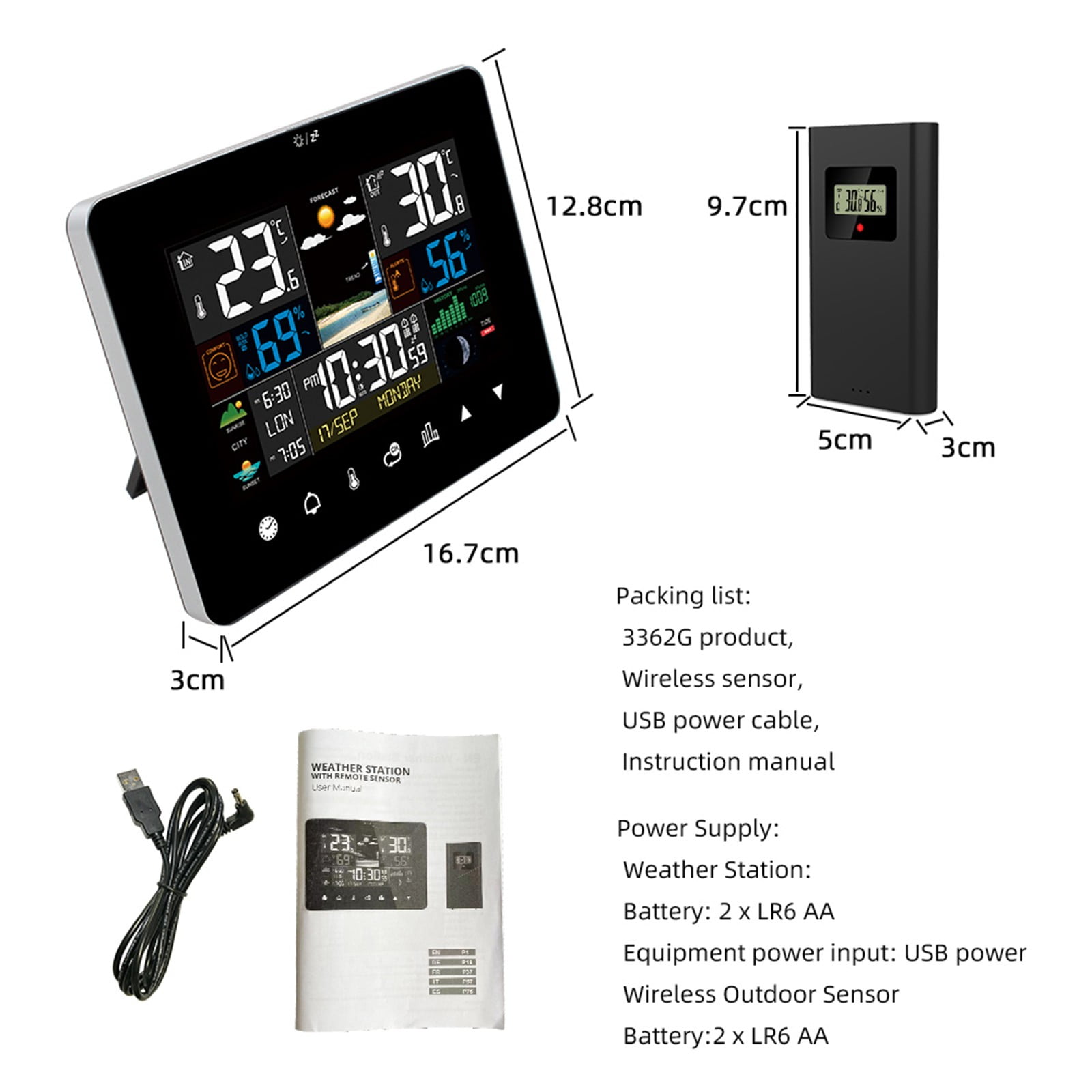 ZHMRFG Color Screen Touchscreen Weather Clock Wireless Temperature Humidity Meter Meteorological Station RF Sensing Multiple Alarm Weather Forecast For Home Office Bedroom Living Room Monitoring