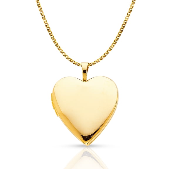 14K Yellow Gold Plain Heart Locket Charm Pendant with 1.4mm Flat Open Wheat Chain Necklace