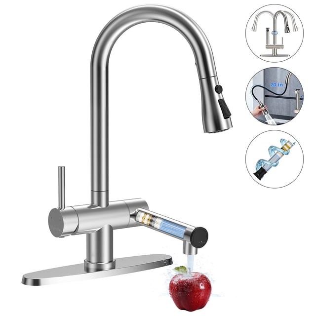FEELSO Grifo de Cocina Extraíble con Filtro, Arco Alto para Fregadero de 1 y 3 Orificios