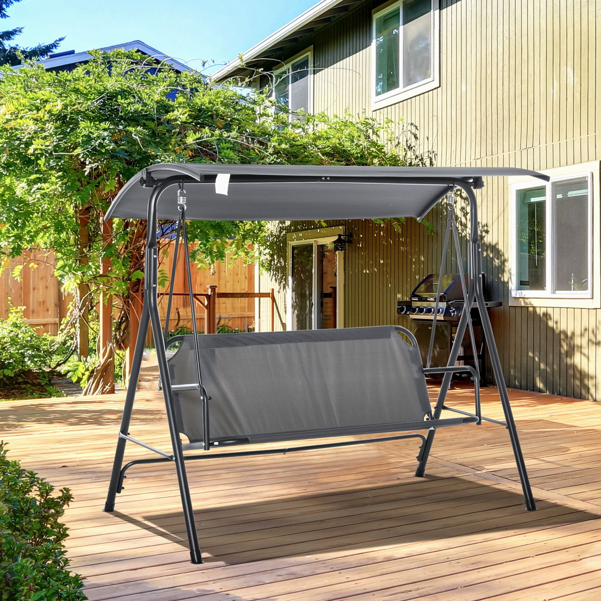 3-Person Porch Swing with Stand, Outdoor Swing for Patio Porch with Adjustable Tilt Canopy and Comfortable Swing Bench-Style Seat, Steel Frame, Gray