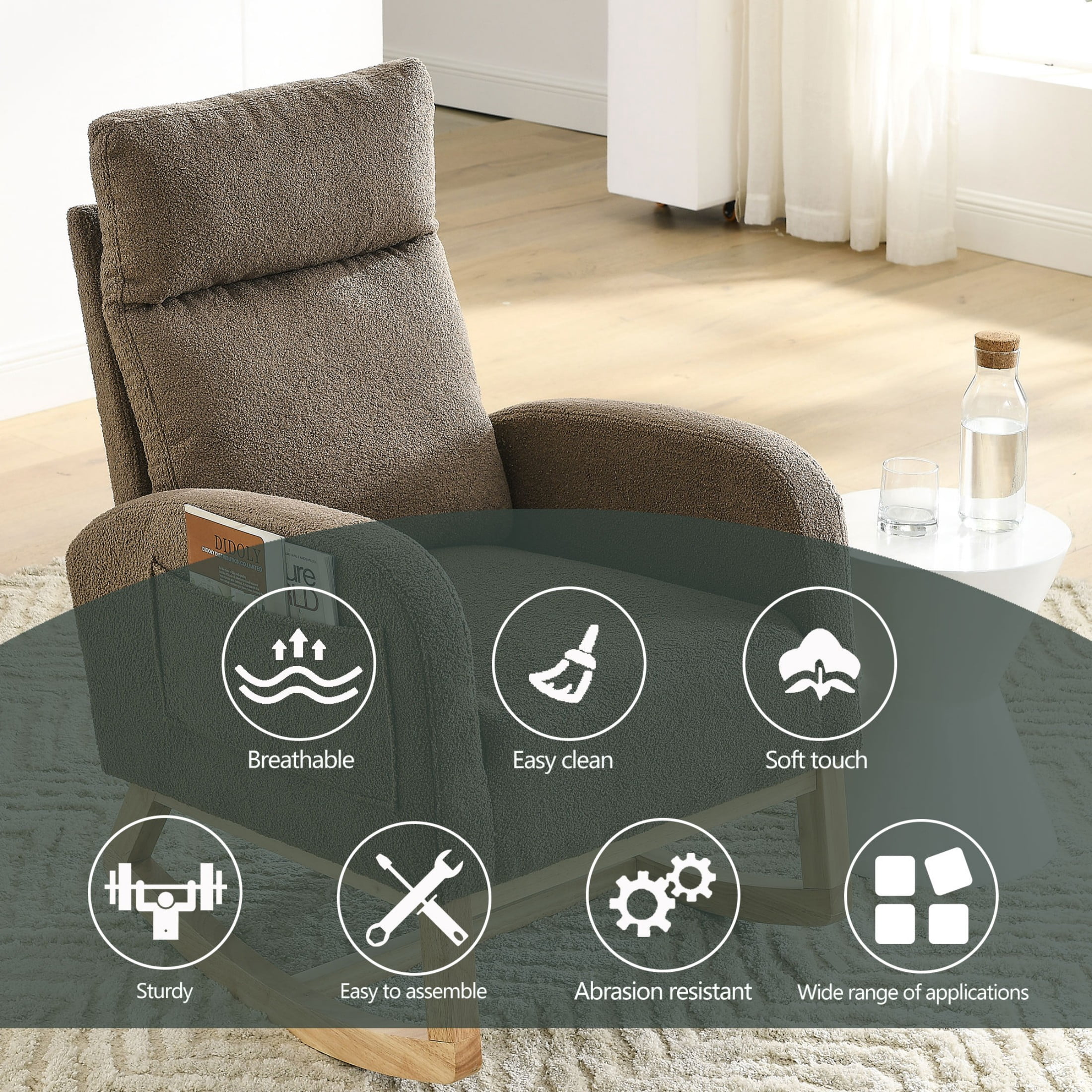 Onbeam Rocking Chair for Nursery - Living Room Lounge Armchair with Side Pockets - Coffee Fabric
