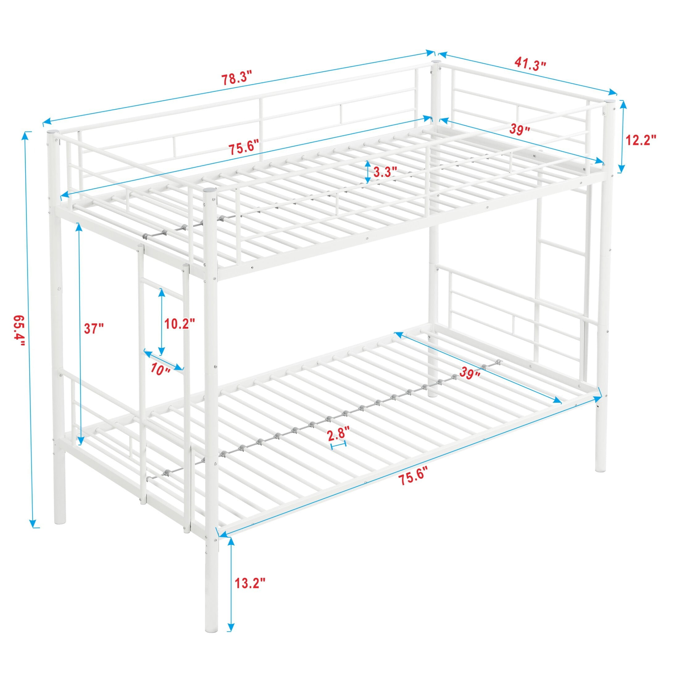 DEALTOPS Metal Bunk Bed Twin Over Twin, Durable Bunk Bed with Ladder and Full-Length Guardrail, White