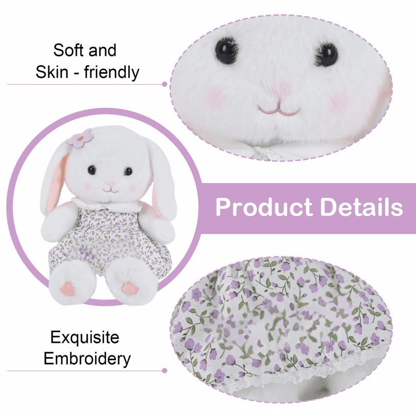 Stuffed Bunny Plush in Dress – Cute Rabbit Doll Toy Gift for Girls, Toddlers, or Nursery Decor Stuffed Animal Gift Purple