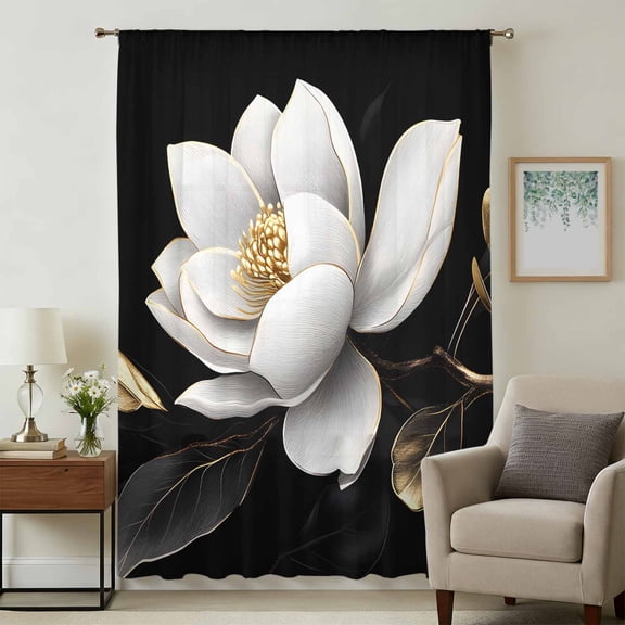 Gorgeous Flowers Sheer Curtains 108 Inches Extra Long, White Gold Floral Botanicals Black Light Filering Curtains, Privacy Drapes Simi Floor to Veiling Curtain for Living Room Large Window Treatment