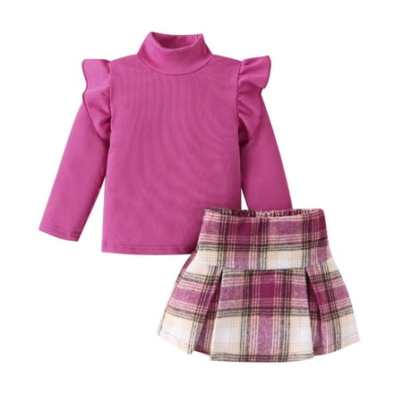 

Toddler Girls Outfits Winter Long Sleeve Ribbed Ruffles Tops Plaid Skirt 2Pcs Set Clothes for Girls Size 12-18 Months