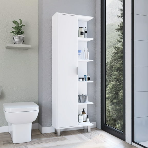 63" H Linen Cabinet In White - Offering A Stylish Storage Solution For Bathrooms Bathroom With Ample Shelf Space