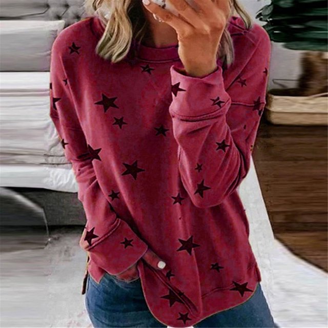 Pntutb moda mujer estampado manga larga cómoda transpirable cuello redondo camisa tops Pntutb Pntutb-2530