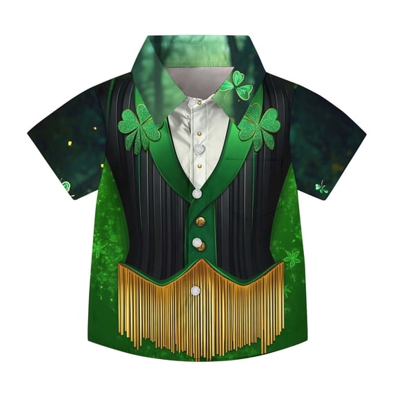 LEKWK Boys St. Patrick's Day Shirt Faux Leprechaun Vest Graphic Short Sleeve Button Down Top Novelty Irish Costume