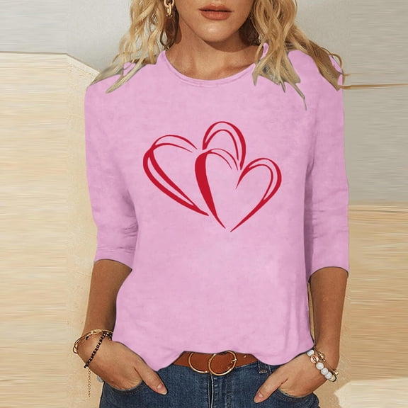 Womens Pink Valentine's Day Love Print Heart Long Sleeve Crew Neck Loose Fit Top, 100% Polyester Casual Romantic Blouse (XS-XL),Size XL