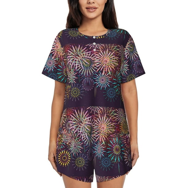 Fotbe Fireworks2 Conjunto de Pijama Estampado para Mujer, 2 Piezas, Ropa de Dormir con Camiseta de Manga Corta y Shorts Suaves-Large