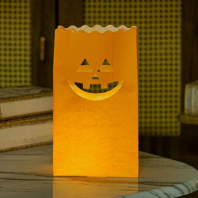 Bolso de velas luminosas de calabaza de Halloween | Farol electrónico sin llama | Papel ignífugo | Amarillo 15x26cm | Soporte seguro para velas de té en patios, porche y fiestas de pasarela