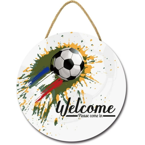 Eveokoki 12" Welcome Soccer Signs for Bar Pub Club Living Room Farmhouse Rustic Round Wooden Hanging Wreaths for Bedroom Wall Decor Housewarming Gift Soccer Lovers Outdoor Indoor