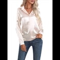 thumbnail image 3 of Blusas de Satén para Mujer, Informales, de Larga, con Botones, Elegantes, para Trabajo y Negocios Champán XL, 3 of 10