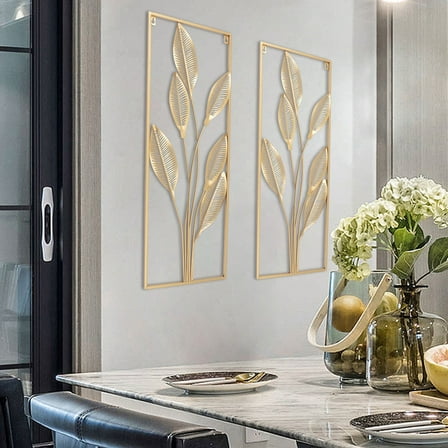 Metal Art Wall Sculpture for Living Room, Bedroom 2 pcs Wall Sculptures Golden Leaf Wall Hanging Decor