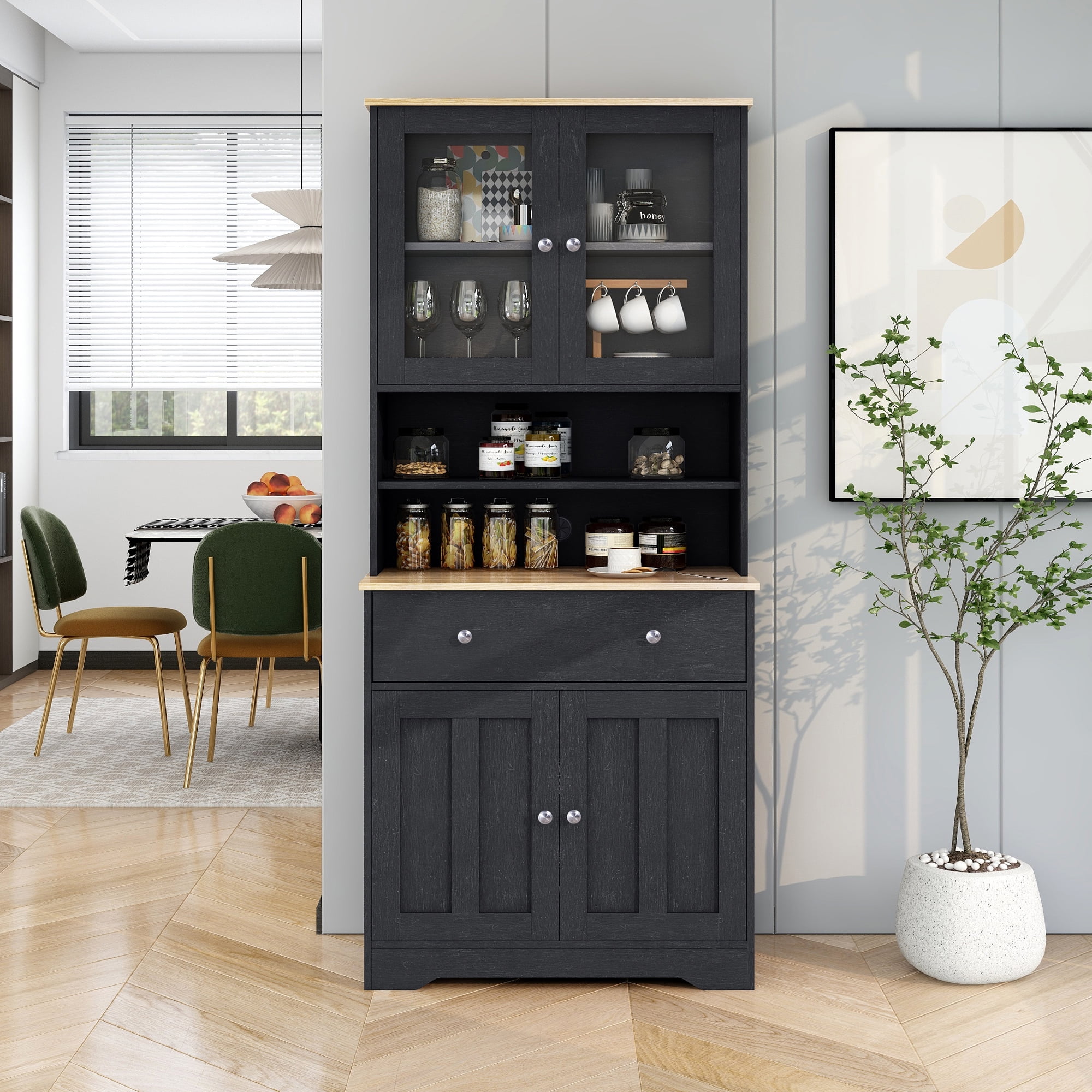71'' Multifunctional Freestanding Tall Pantry with Glass Doors