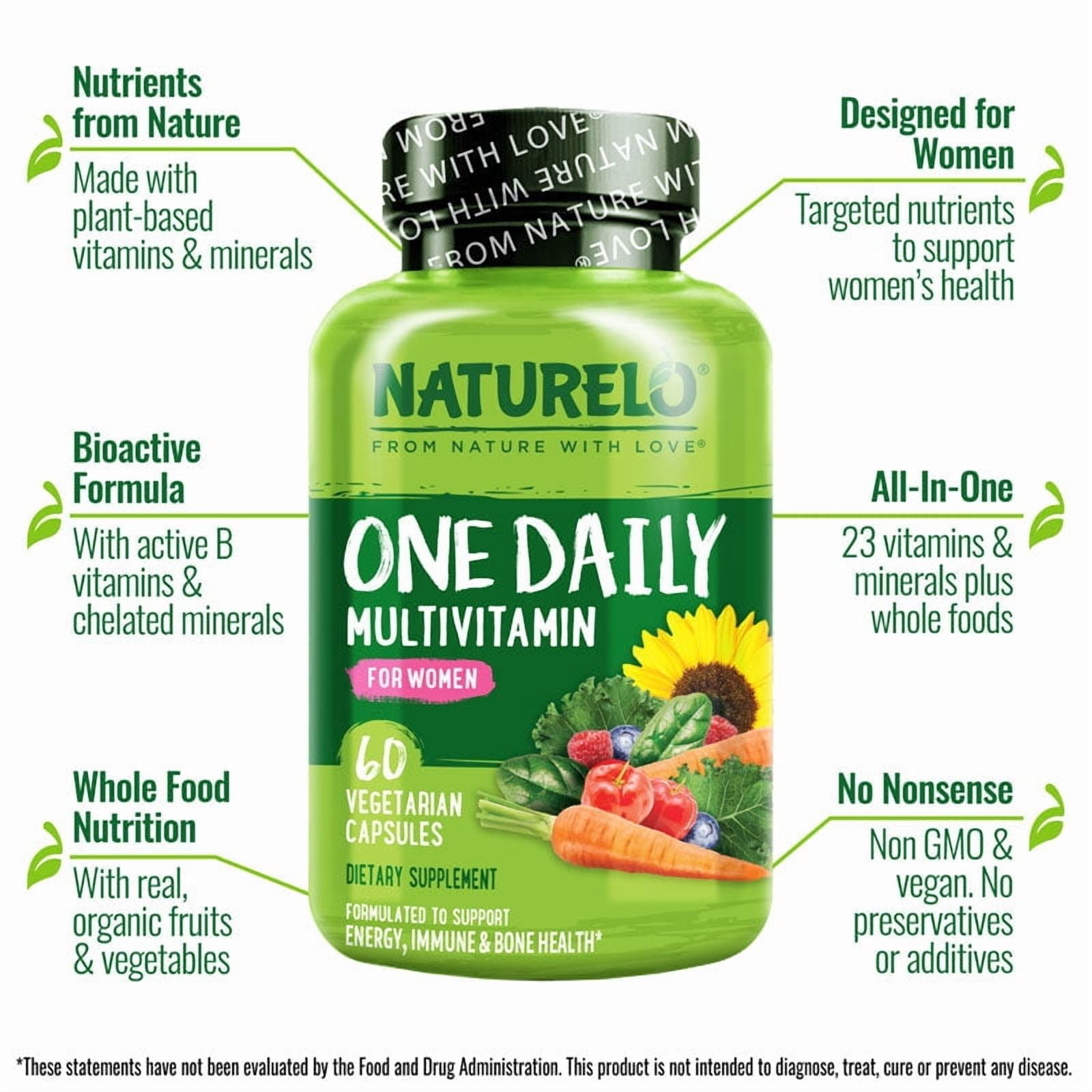 NATURELO One Daily Multivitamin for Women - Energy Support - Whole Food Supplement to Nourish Hair, Skin, Nails - Non-GMO - No Soy - Gluten Free - 60 Capsules - 2 Month Supply