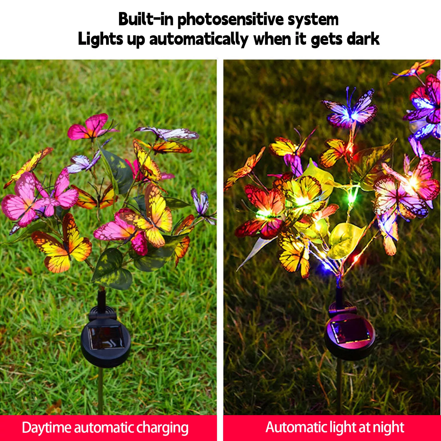 Solar Garden Lights Outdoor Waterproof, Multicolored Solar Decorative Stake Lights with 22LED 17 Butterfly Solar Lights for Garden Patio Lawn Terraces, Yards and Paths Decor (2 Pack)