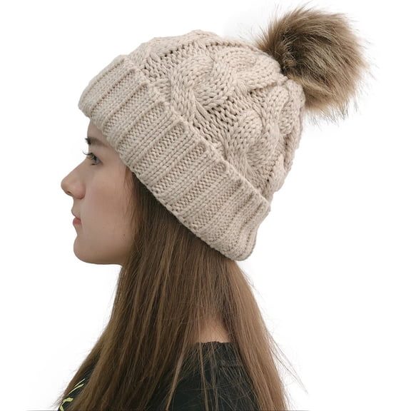 Dyfzdhu Women Casual Solid Stitching Outdoor Plush Ball Hats Crochet Knit Beanie Cap Beige