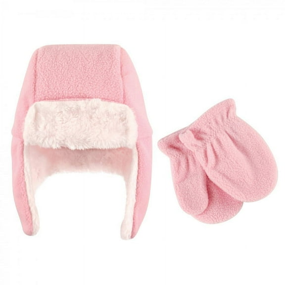 Hudson Baby Infant Girl Fleece Trapper Hat and Mitten 2pc Set, Light Pink, 0-6 Months