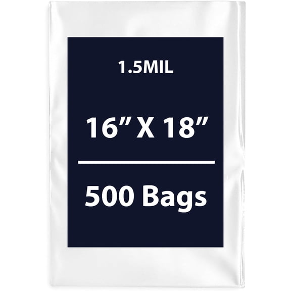 Multiple Sizes Clear Flat Poly Bags - 16"x18" & (500 Bags) 1.5Mil Flat Open Top Plastic Packaging Packing | Flexible and Durable Plastic Bags | Low-Density Polyethylene (LDPE)