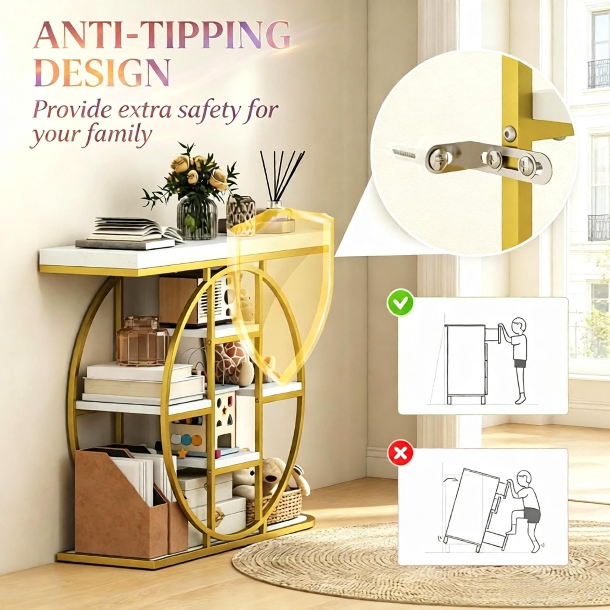 1PCS Multi-Tier Shelving Chic Console Table, Entryway Storage Display Table, Accent Sofa Table with Circular Base