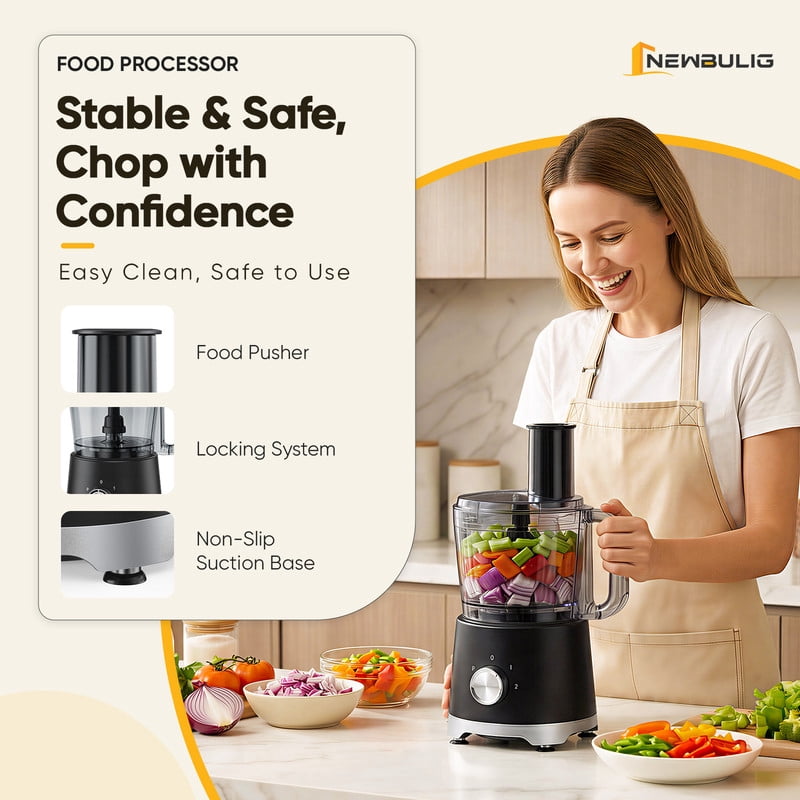 Gianna Food Processors 10.5 Cup, Vegetable Chopper with 5 Blades, 3 Modes Food Processor, Large Capacity, Dishwasher Safe, Stainless Steel Blades, for Smoothie, Fruit, Dough，Black