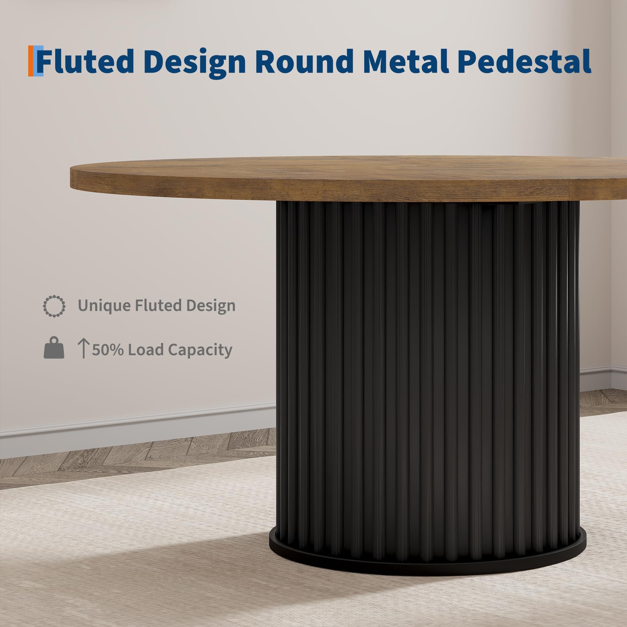 Round Dining Table for 4-6 People, 47‘’ Modern Kitchen Table with Fluted Metal Pedestal Base, Circle Dinner Furniture