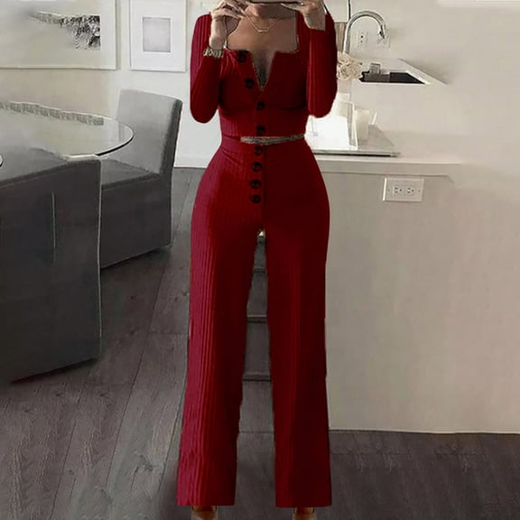 AOOCHASLIY 2023 Women Tops Women's Solid Color Long Sleeve Cardigan Slim Buttoned Casual Pants Suit