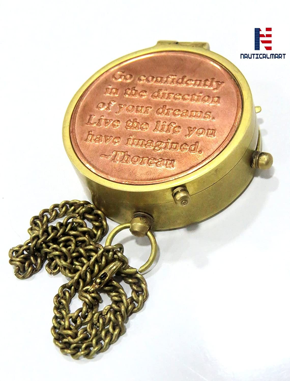 NauticalMart Brass Compass Thoreaus Go Confidently Quote Engraved with Stamped Leather case 