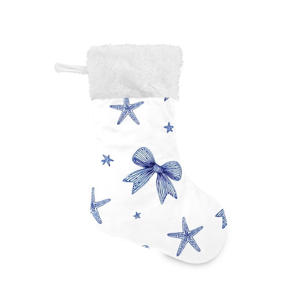 Hand Painted Blue Bows and Starfishes Christmas Stockings Large Capacity 18 inch Gift Bag with Hook Xmas Holiday Decor 1 Pack
