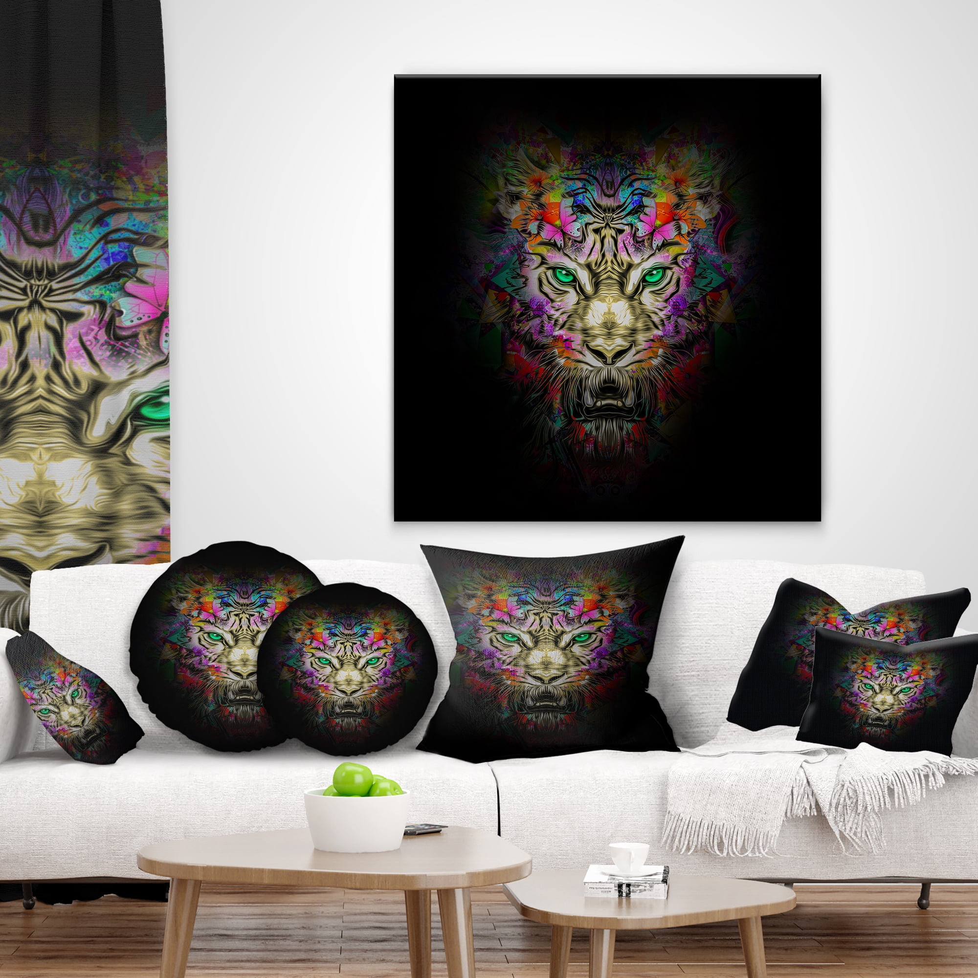 Designart Fierce Tiger Head on Black - Animal Throw Pillow - 12x20