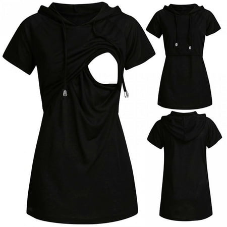 

Kiplyki Wholesale Women Maternity Striped Maternity Top Short Sleeve Hooded Nursing T-shirt