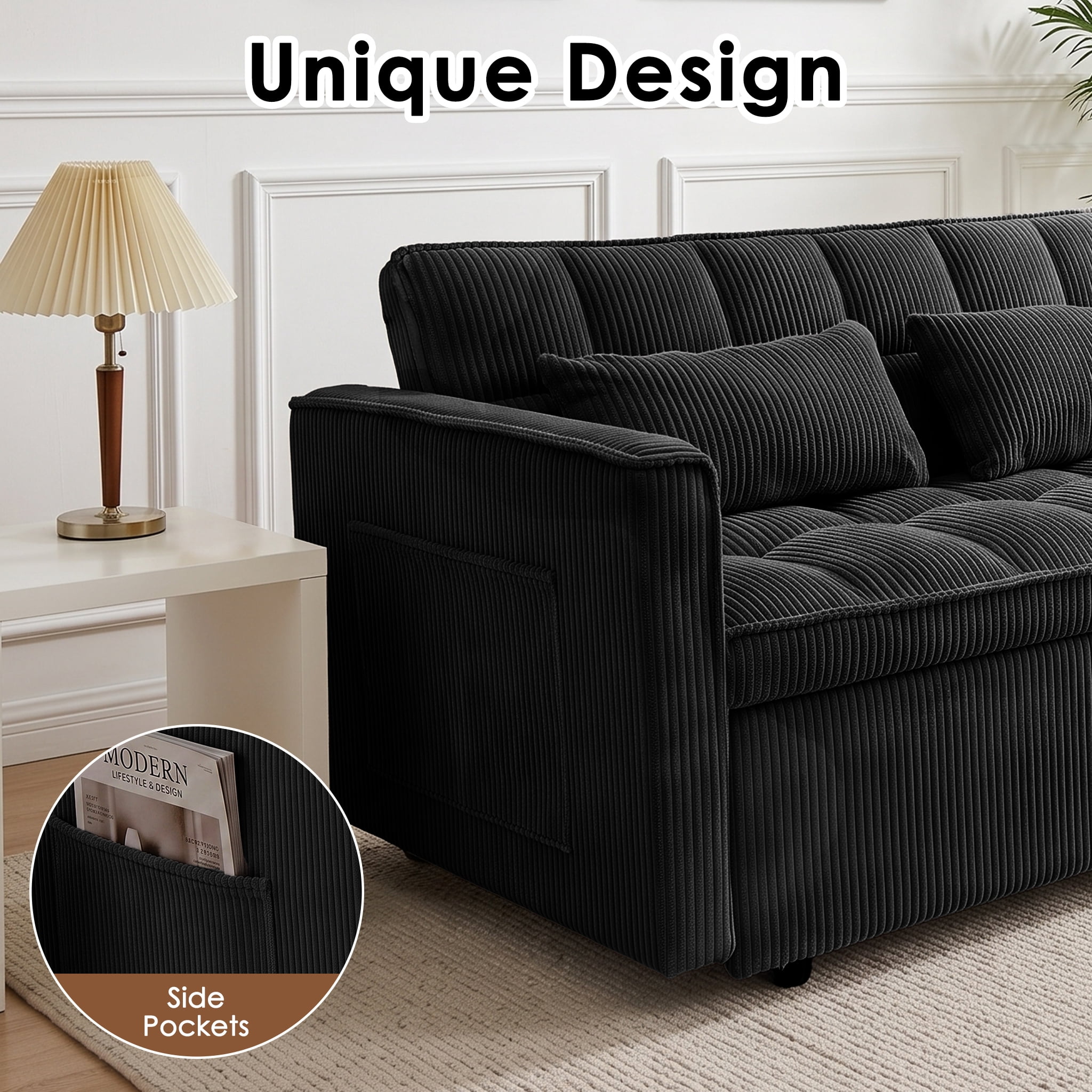 AISWORD Sleeper Sofa Bed, 3-in-1 Convertible Pull Out Couch with Adjustable Backrest for Living Room, Loveseat Sofa Bed with Side Pockets, Black