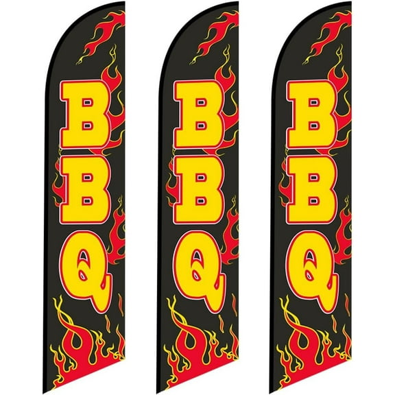 3 three Tall windless full sleeve flags of BBQ with Flames for Restaurant Advertising banner Pack of 3 Replacement Flags only