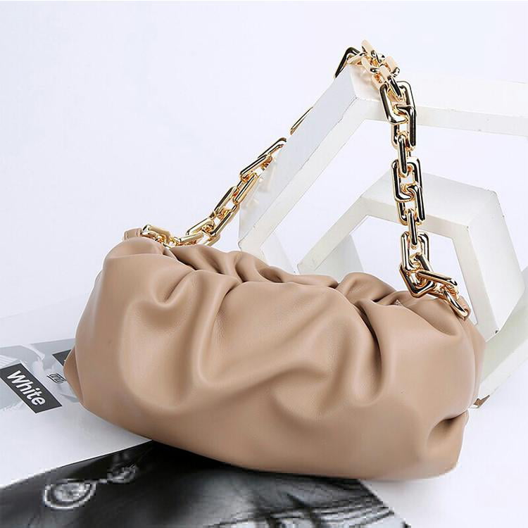 Prime Original Women's Chain Pouch Bag Cloud-Shaped Dumpling Clutch Purse Ruched Chain Link Shoulder Handbag, Size: Large, Beige