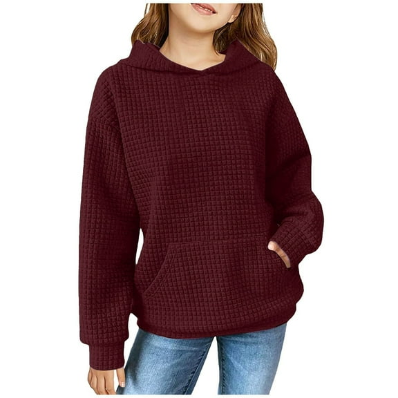 Children's Loose Sweatshirt Casual Long Sleeved Sports Hoodie Solid Color Comfortable Hooded Daily Top Wine 100