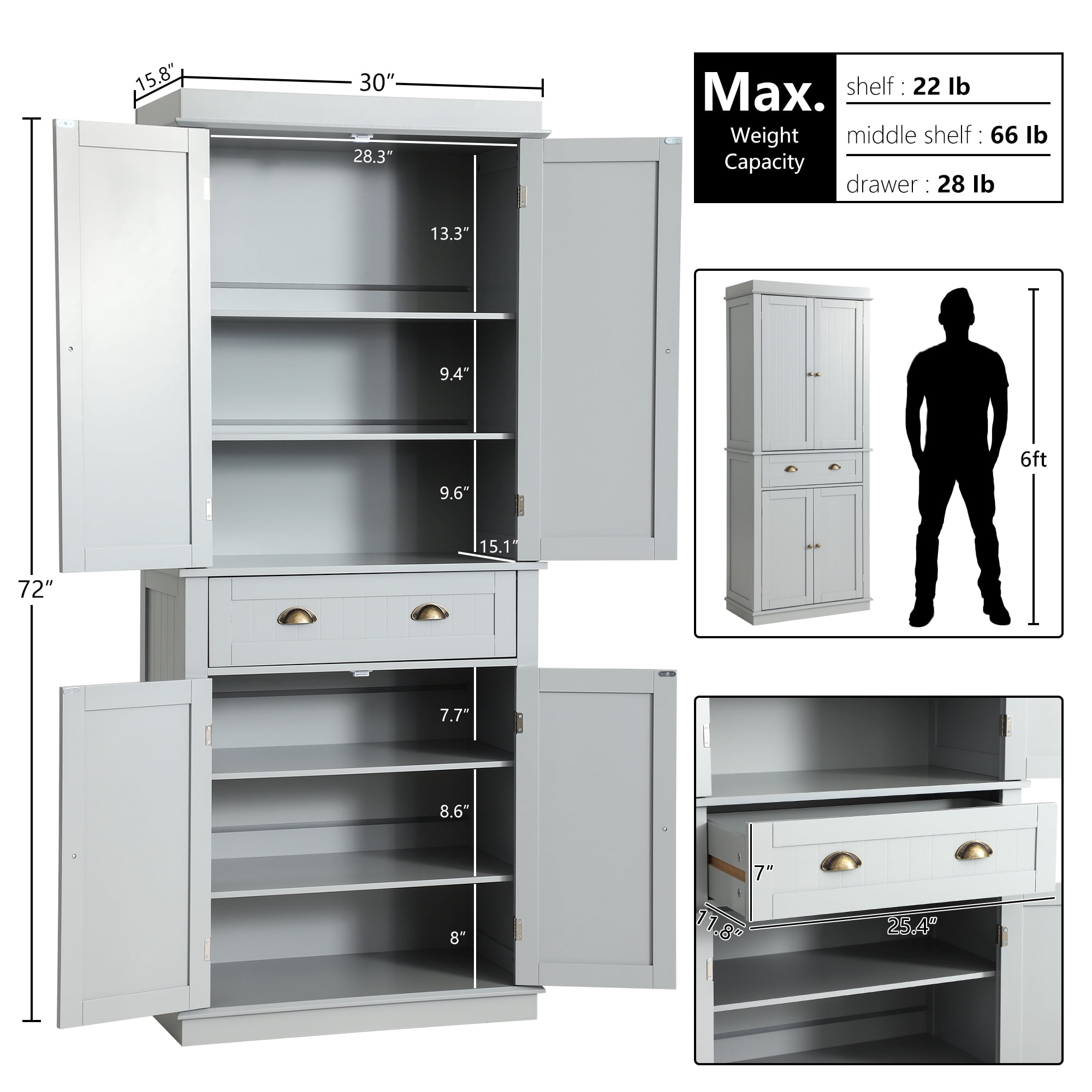 KIGOTY 72'' Tall Kitchen Pantry with 4 Doors, Large Drawer,Adjustable Shelf, Pantry Storage Cabinet for Dining Room Living Room, Kitchen,Grey