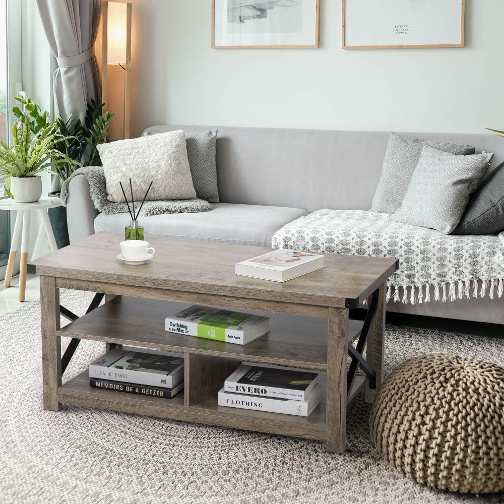 Hassch Coffee Table Wood Sofa Center Table with 3Tiers Storage Shelves