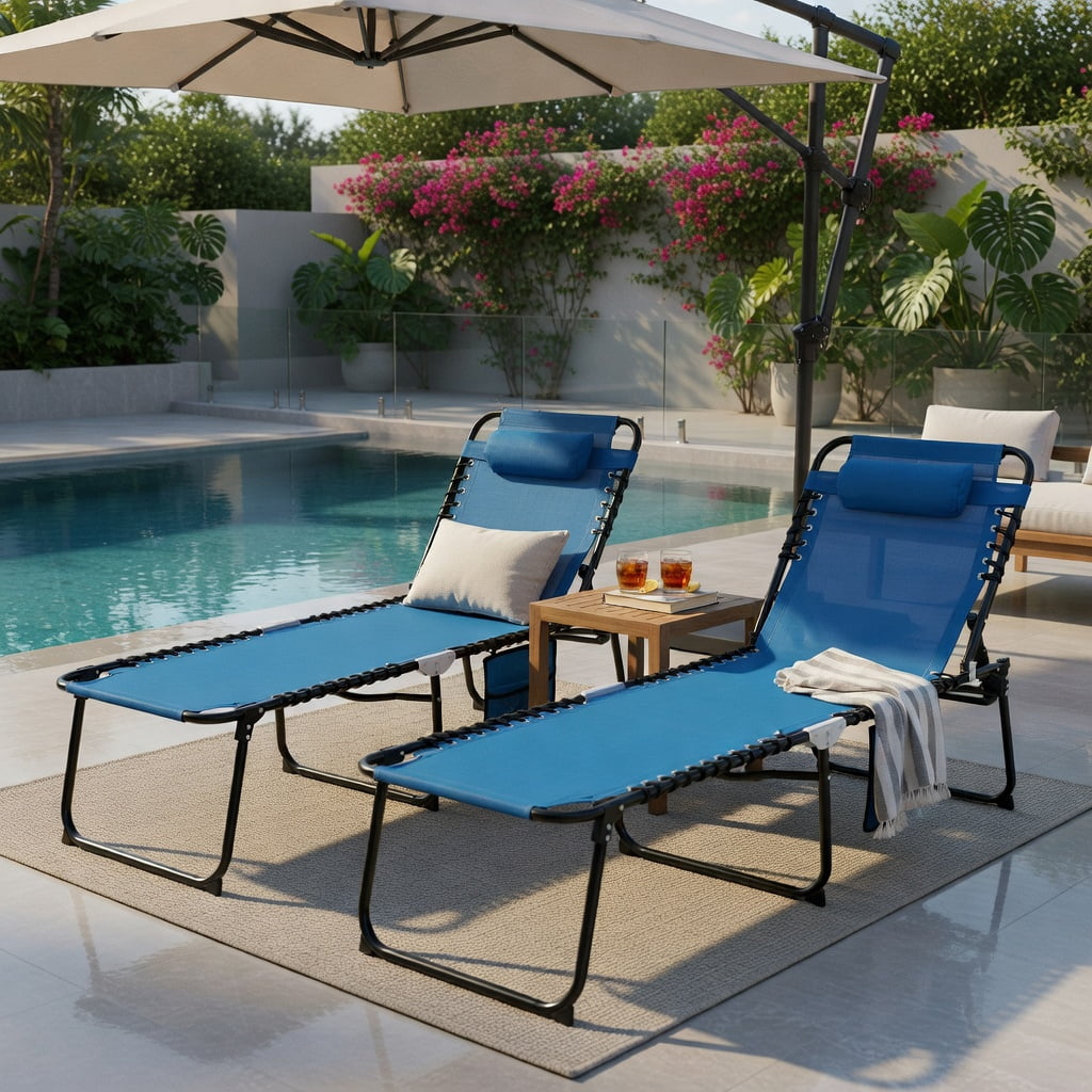 Hommoo Foldable Reclining Lounge Chair with Adjustable Backrest & Footrest, Portable Beach & Camping Chair, Navy