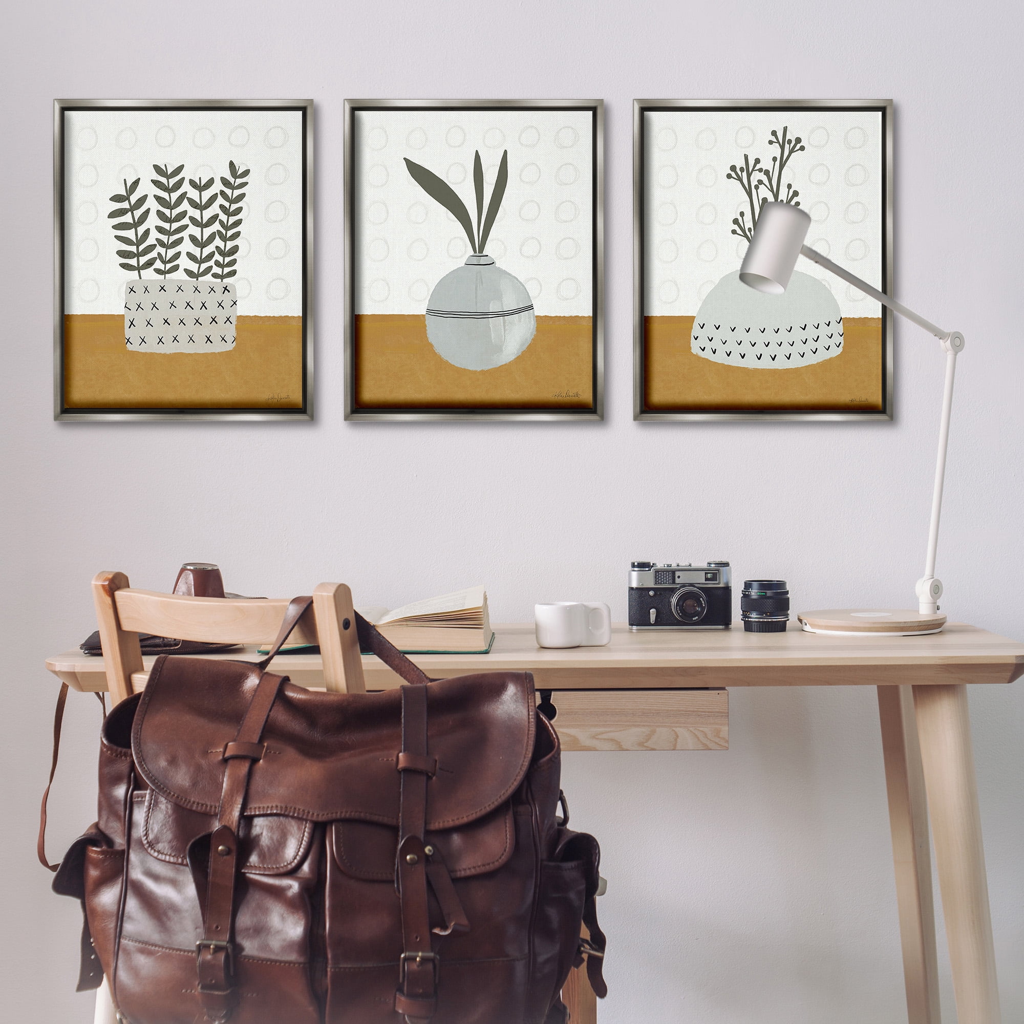 Stupell Industries Contemporary Plant Vases Botanical & Floral Painting Gray Floater Framed Canvas Art Print Wall Art, 25 x 31, Set of 3