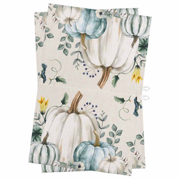 Thanksgiving Kitchen Towels Set of 2, Water Absorbent Dish Towel, Fall Blue White Pumpkin Leaves Vintage Decorative Hand Towels - Quick Drying Cloth for Cooking Baking, 18x28 Inch