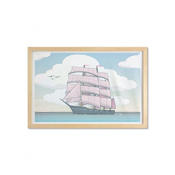 Vintage Nautical Tattoo Wall Art with Frame, Windjammer Sailboat Dreamy Colors Sea and Sky, Printed Fabric Poster for Bathroom Living Room, 35" x 23", Ivory Pastel Pink, by Ambesonne