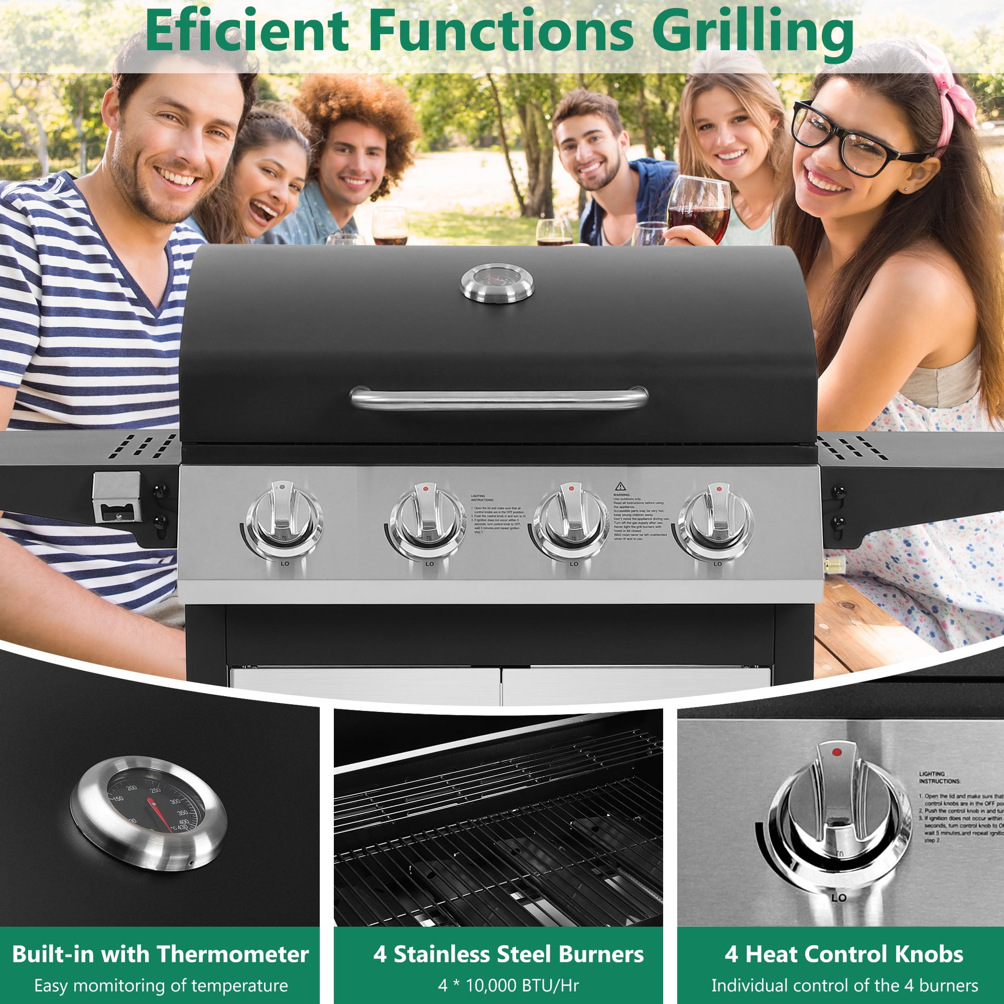 4-Burner Gas Grill with 4 Universal Wheels & Bottle Opener, 40000BTU Outdoor Grill with Side Table for Camping, Black & Sliver