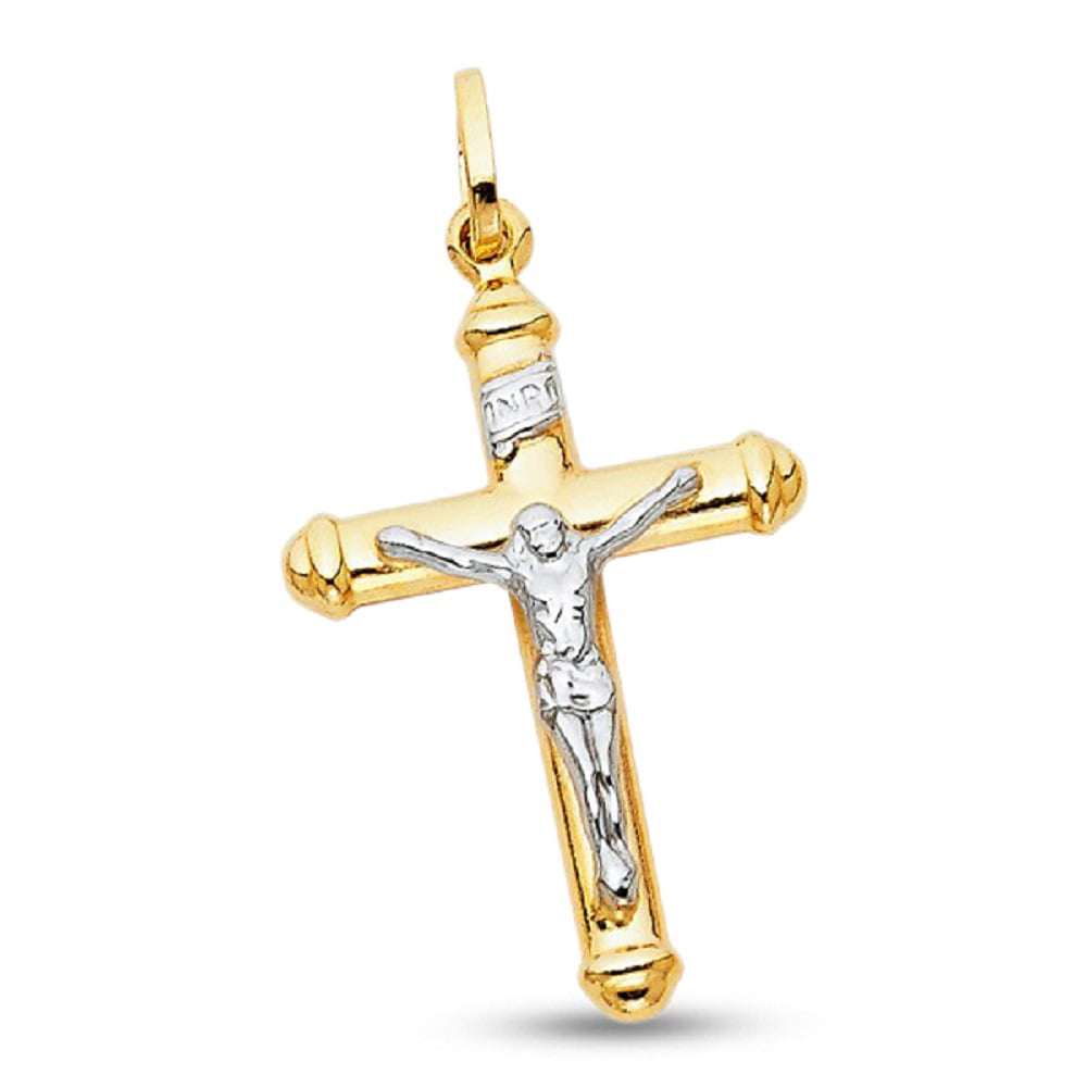 Solid 14k White Gold Dainty Crucifix Cross INRI Pendant Necklace 
