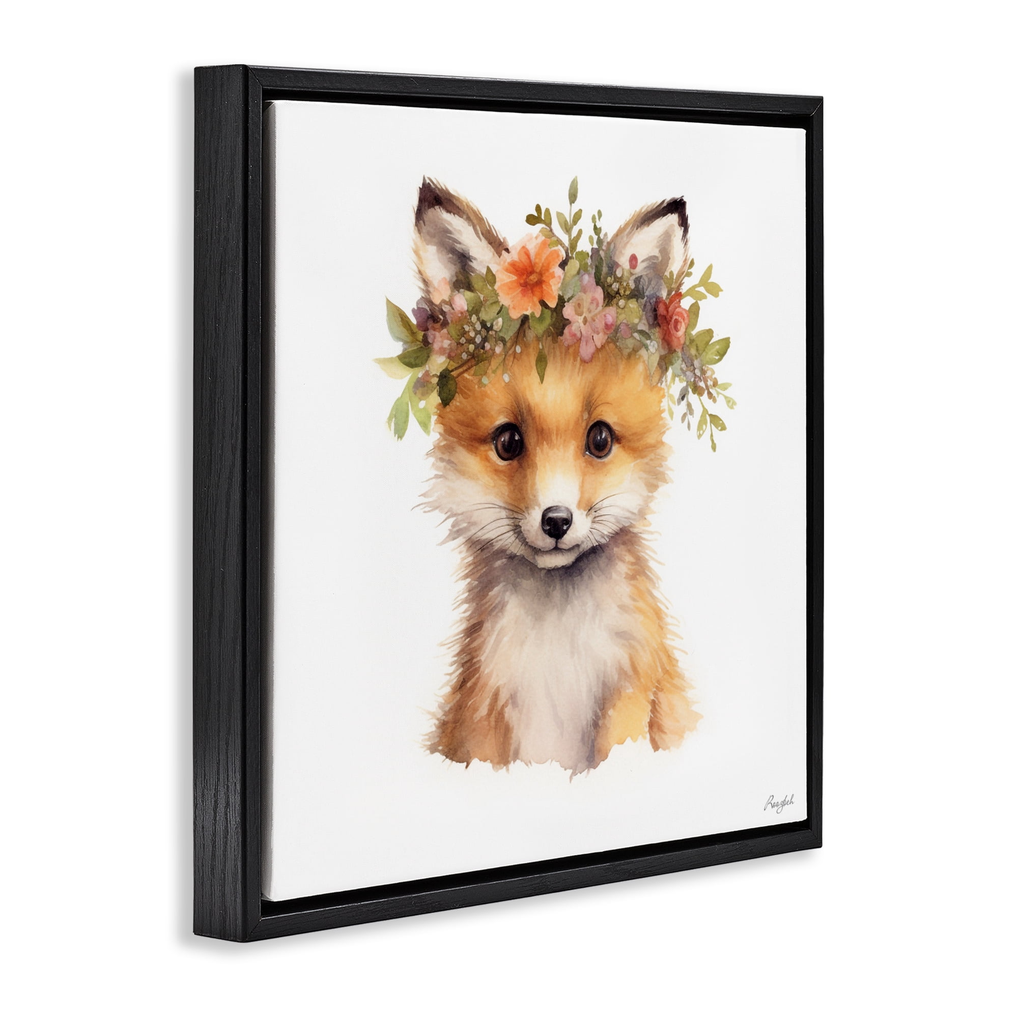 Stupell Industries Woodland Fox Flower Crown Black Framed Floater Canvas Wall Art, design by Roozbeh