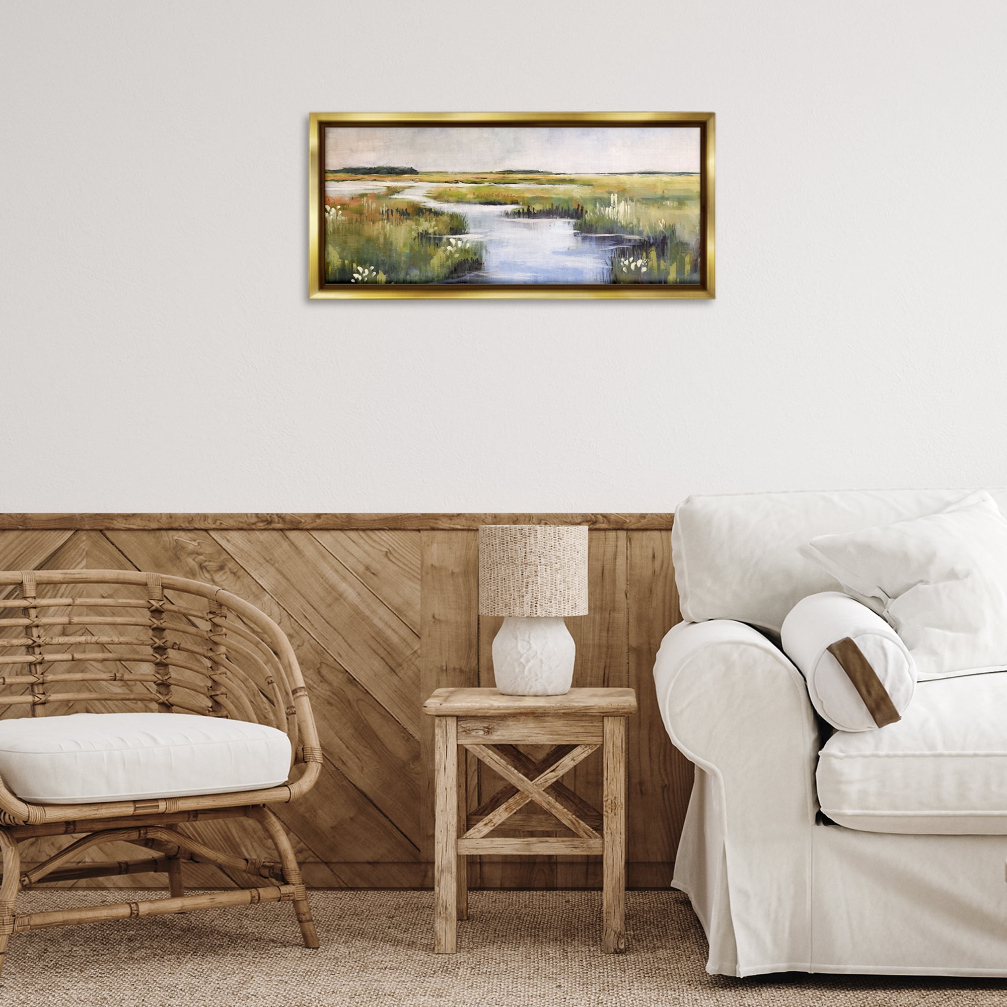 Stupell Industries River Through Marshlands Landscape & Nature Painting Gold Floater Framed Canvas Art Print Wall Art, 25 x 11