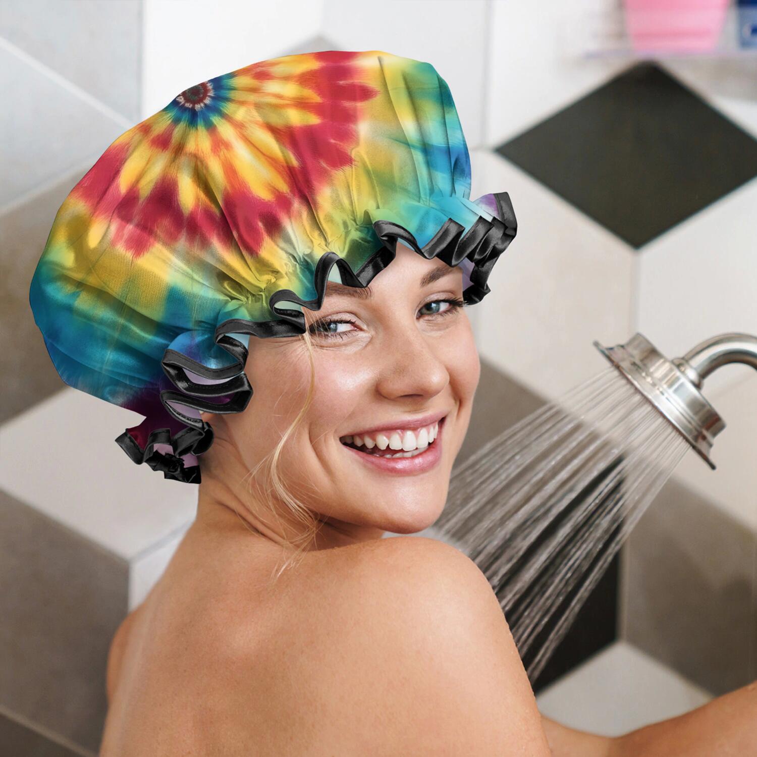 Shower Caps,Rainbow Tie Dye Mandala Pattern Waterproof Shower Cap for Women 4 Pieces,Double Reusable Hair Cover for Shower PEVA Elastic Stretch Hem